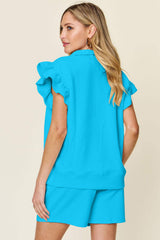 Double Take Full Size Texture Flounce Sleeve Top and Drawstring Shorts Set - Trendsi - Flyclothing LLC
