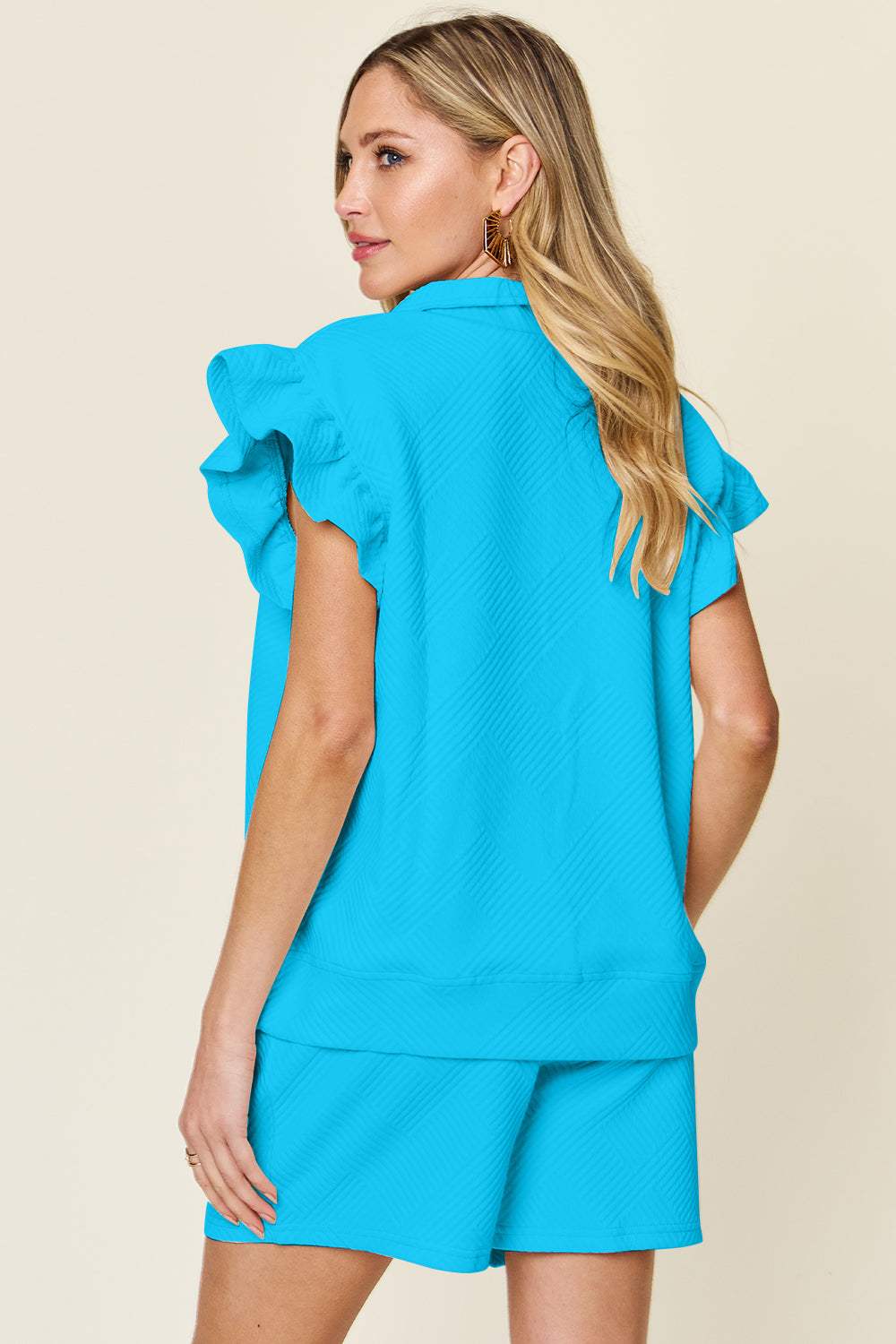 Double Take Full Size Texture Flounce Sleeve Top and Drawstring Shorts Set - Trendsi - Flyclothing LLC