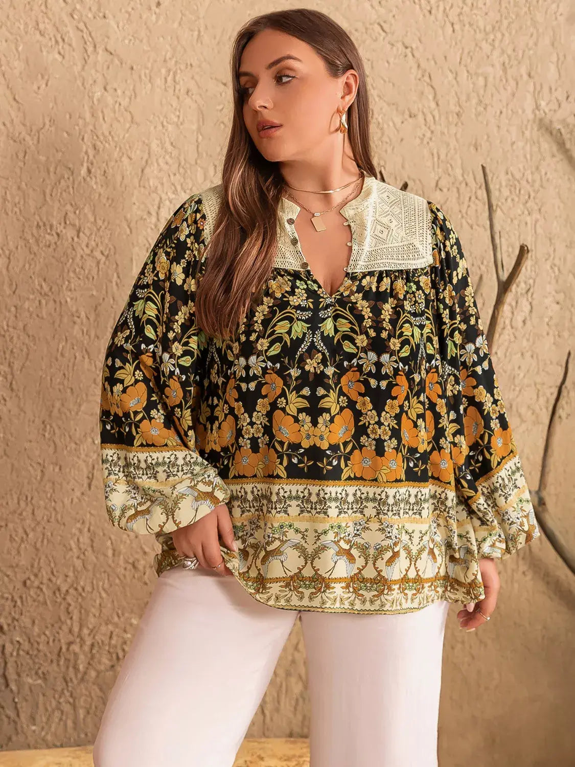 Plus Size Floral Print Notched Blouse - Trendsi - Flyclothing LLC