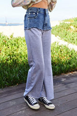 Davi & Dani Raw Hem Denim Patchwork Wide Leg Pants - Trendsi - Flyclothing LLC