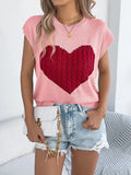 Cable Knit Heart Round Neck Cap Sleeve Knit Top - Trendsi