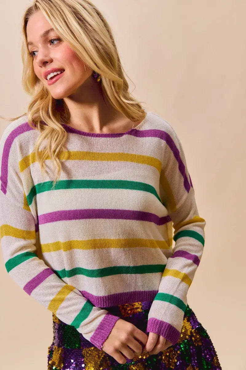 SO ME Mardi Gras Color Stripe Lightweight Sweater Top - Trendsi - Flyclothing LLC