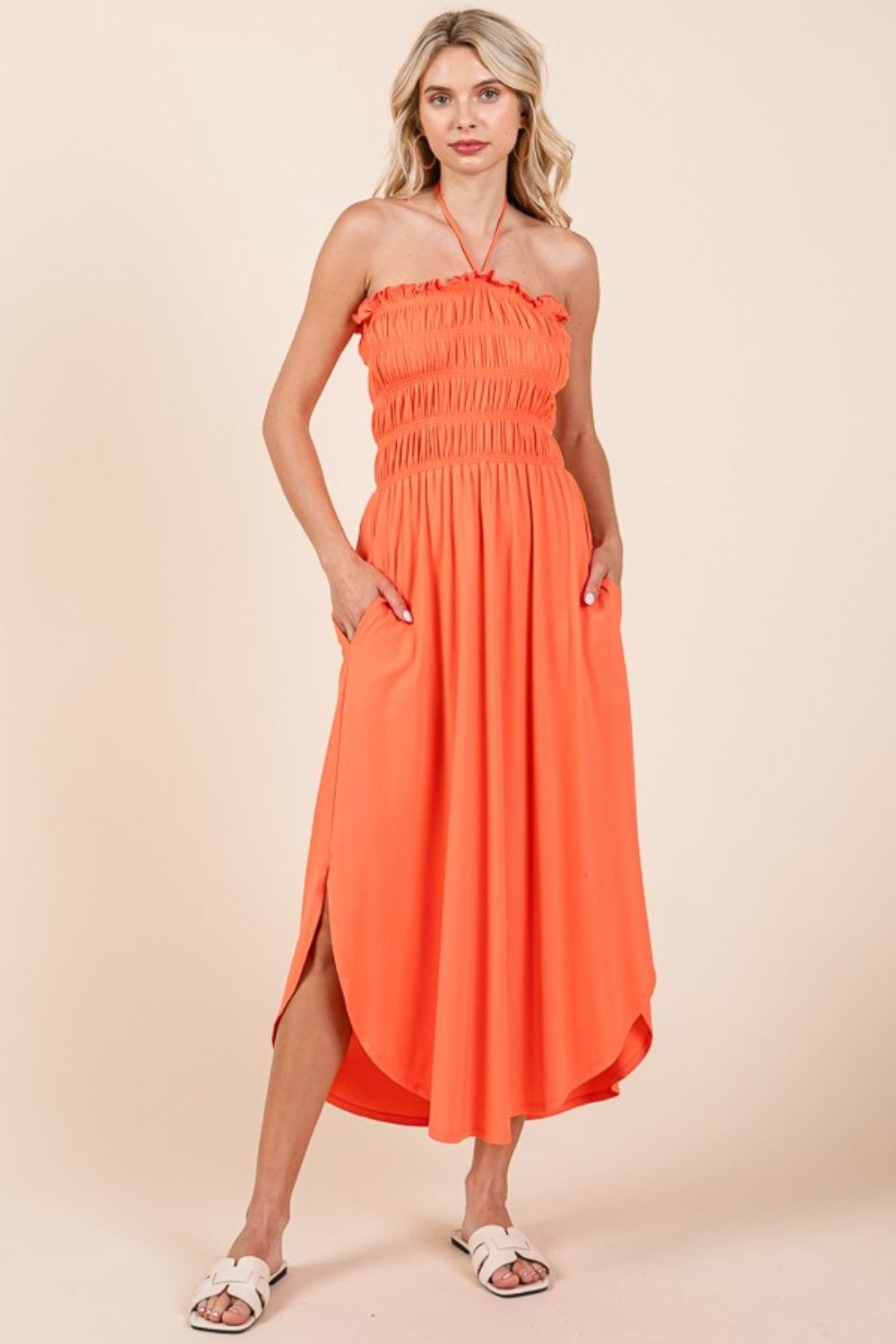 Culture Code Tie Back Shirring Dress with Pockets - Trendsi