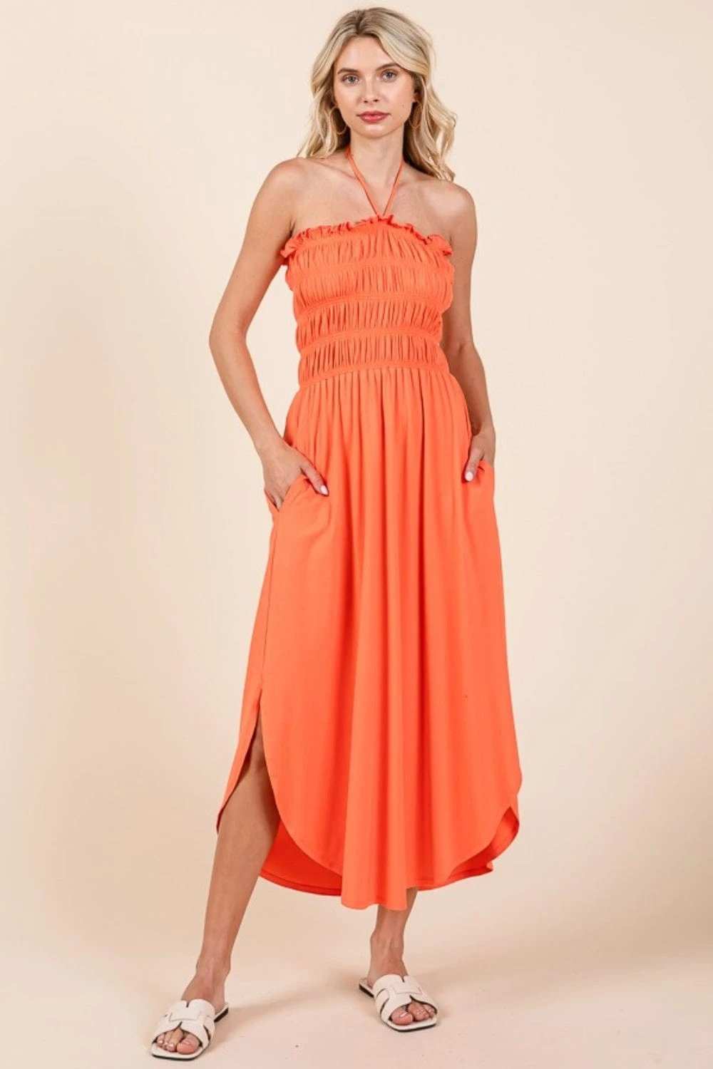 Culture Code Tie Back Shirring Dress with Pockets - Trendsi - Flyclothing LLC