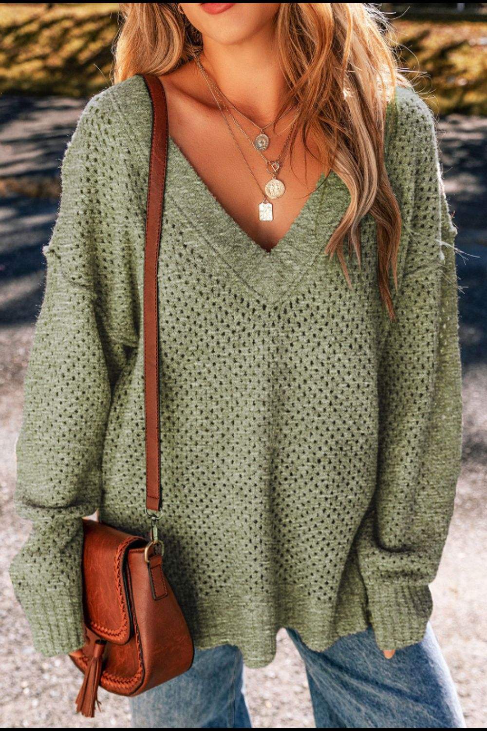 V-Neck Dropped Shoulder Long Sleeve Sweater - Trendsi - Flyclothing LLC