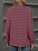 Striped Notched Long Sleeve T-Shirt - Trendsi - Flyclothing LLC