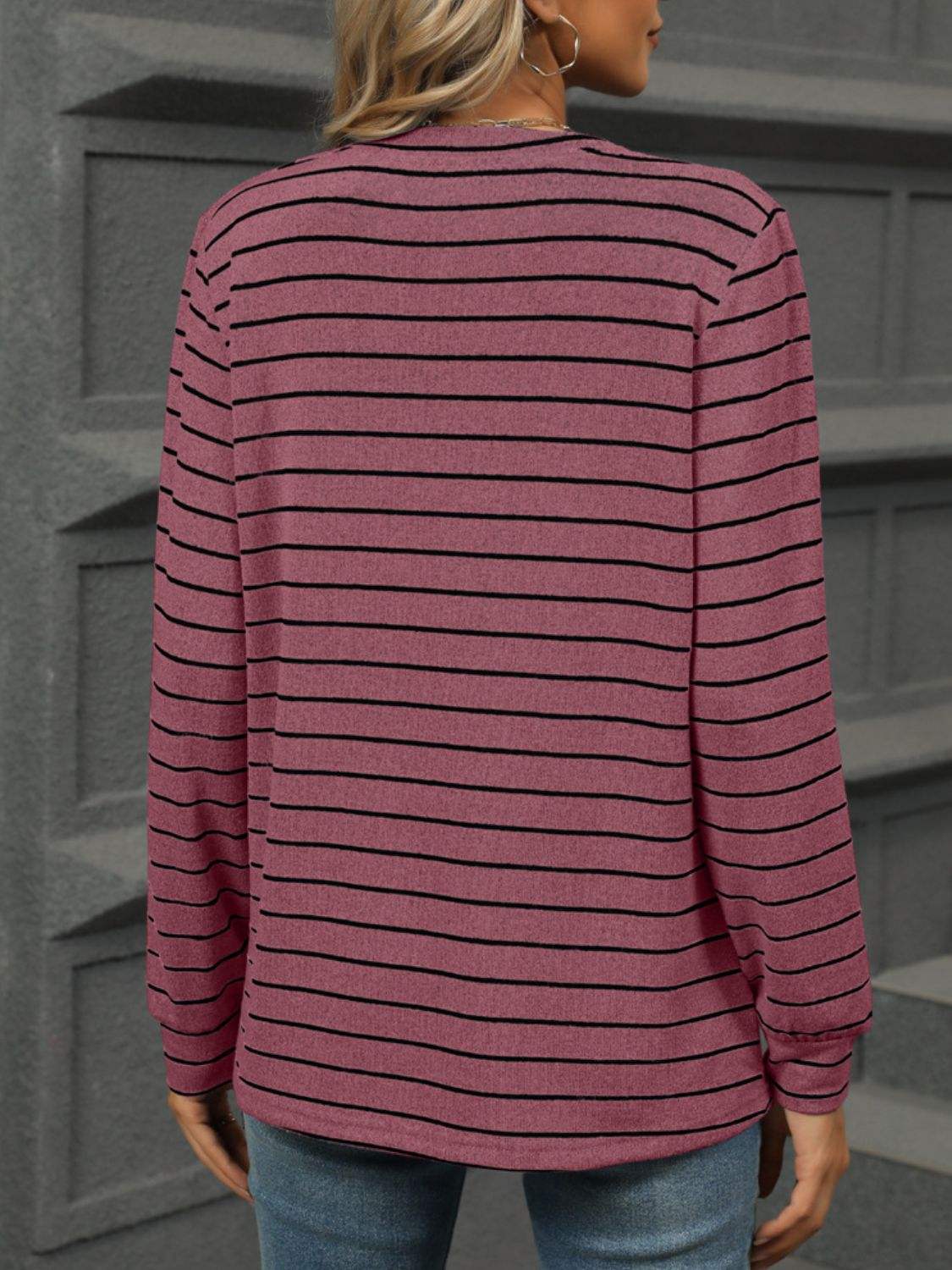 Striped Notched Long Sleeve T-Shirt - Trendsi - Flyclothing LLC