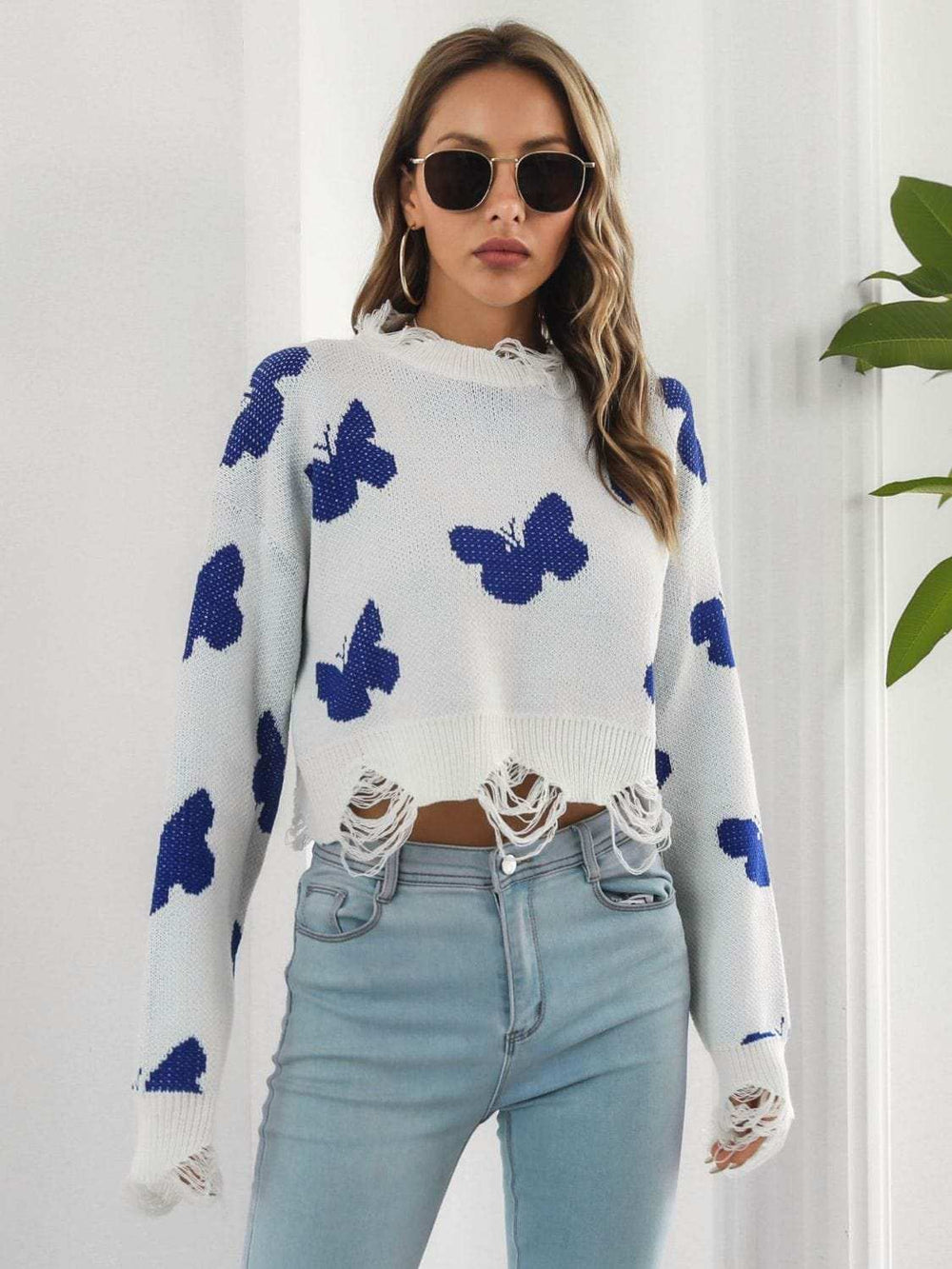 Distressed Butterfly Cropped Sweater - Trendsi - Flyclothing LLC