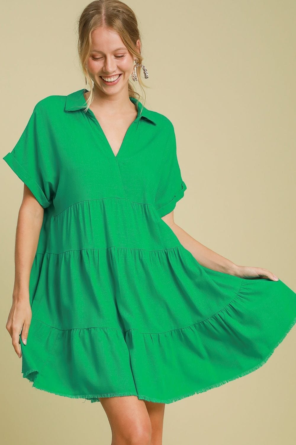 Umgee Full Size Raw Hem Folded Sleeve Tiered Dress Plus Size - Trendsi