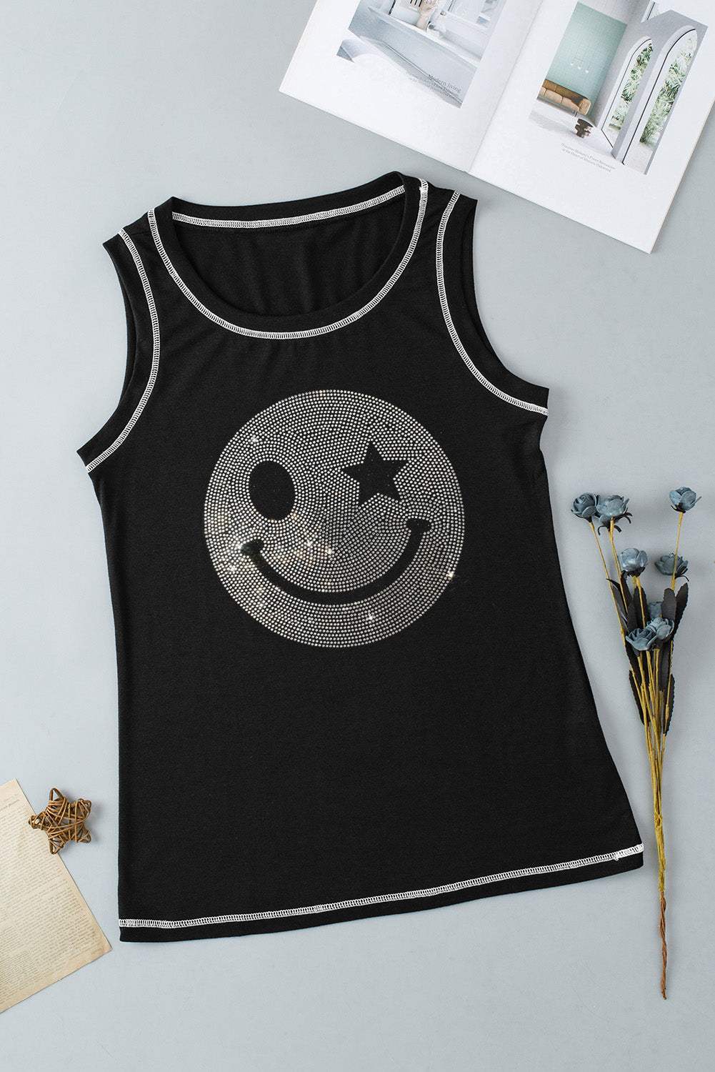 Rhinestone Smile Face Round Neck Tank - Trendsi - Flyclothing LLC