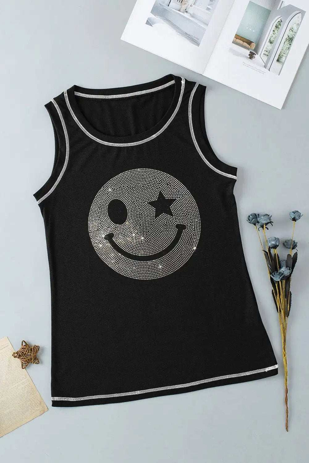 Rhinestone Smile Face Round Neck Tank - Trendsi - Flyclothing LLC