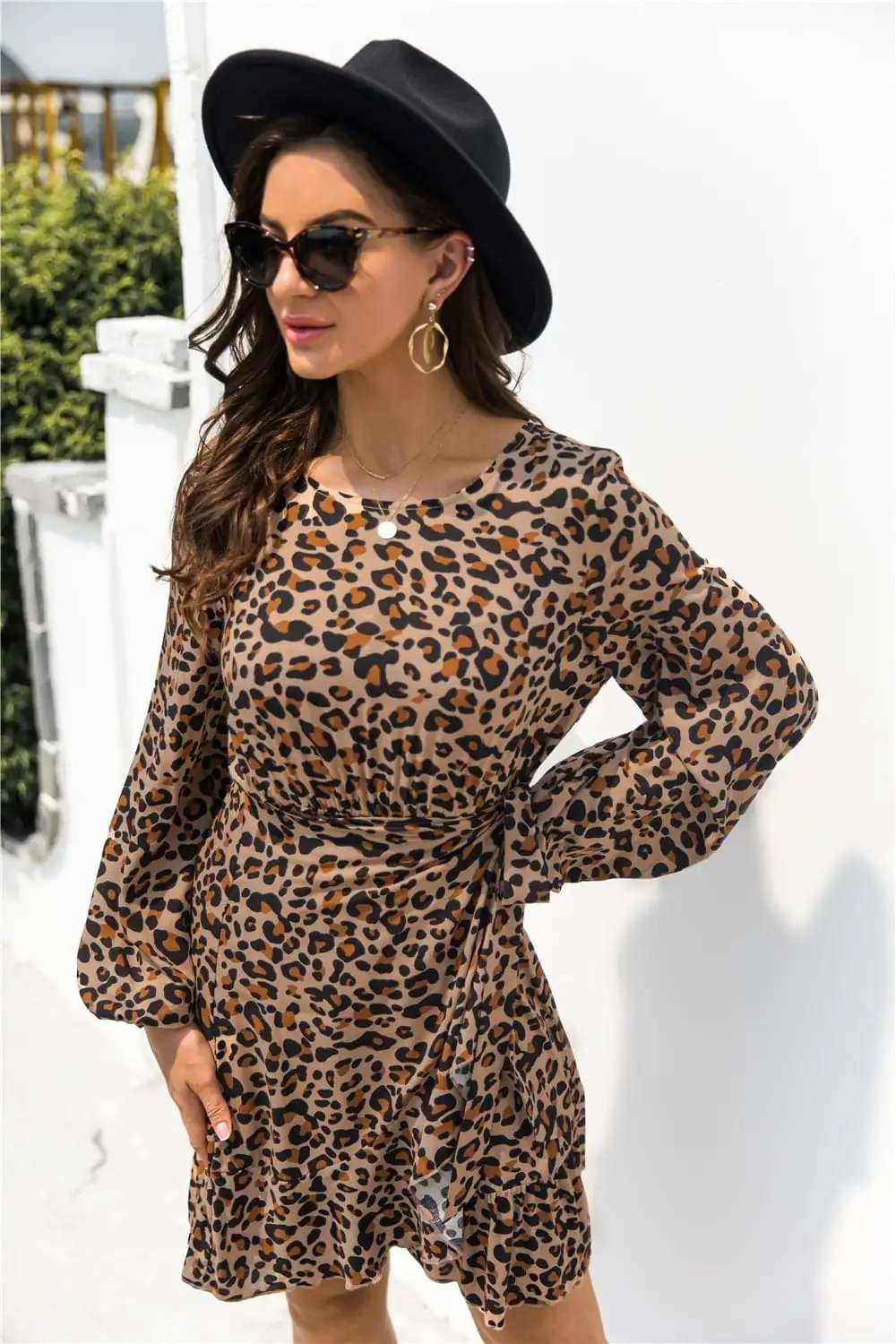 Animal Print Round Neck Balloon Sleeve Mini Dress - Trendsi - Flyclothing LLC