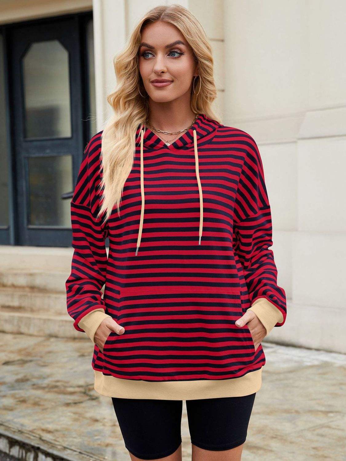 Drawstring Contrast Striped Long Sleeve Hoodie - Trendsi - Flyclothing LLC