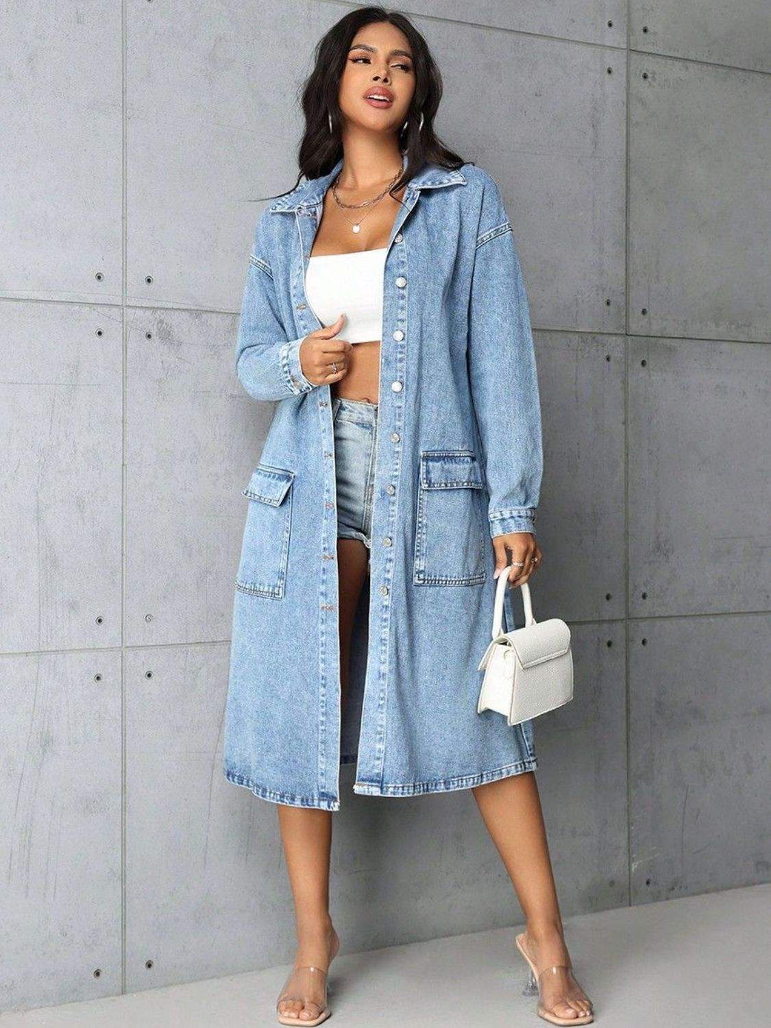 Pocketed Button Up Collared Neck Denim Top - Trendsi - Flyclothing LLC