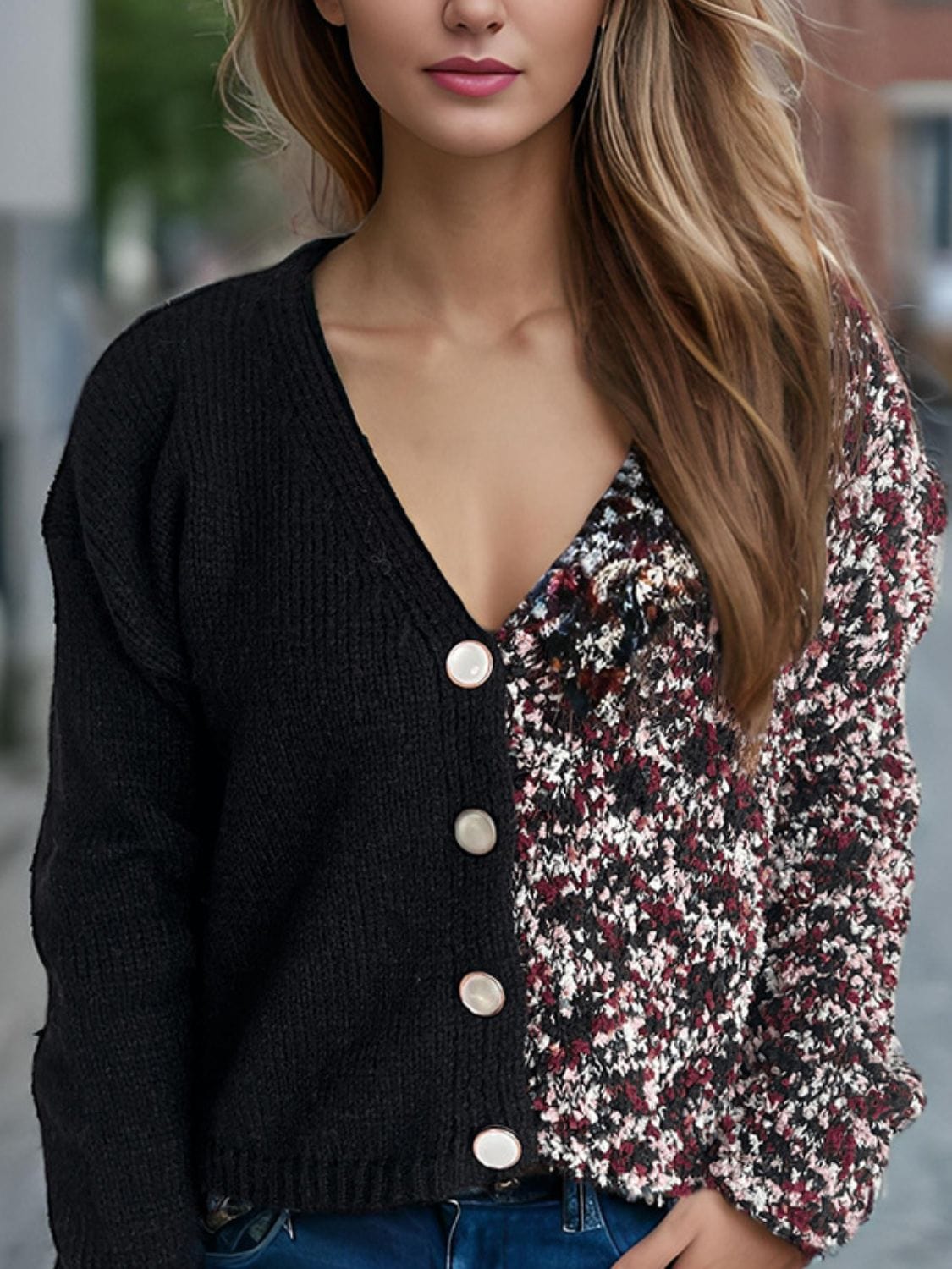 Contrast Button Up V-Neck Cropped Cardigan - Trendsi