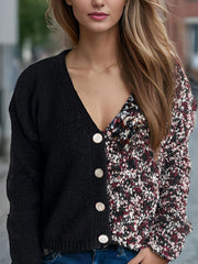Contrast Button Up V-Neck Cropped Cardigan - Trendsi