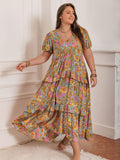 Plus Size Printed V-Neck Short Sleeve Maxi Dress - Trendsi