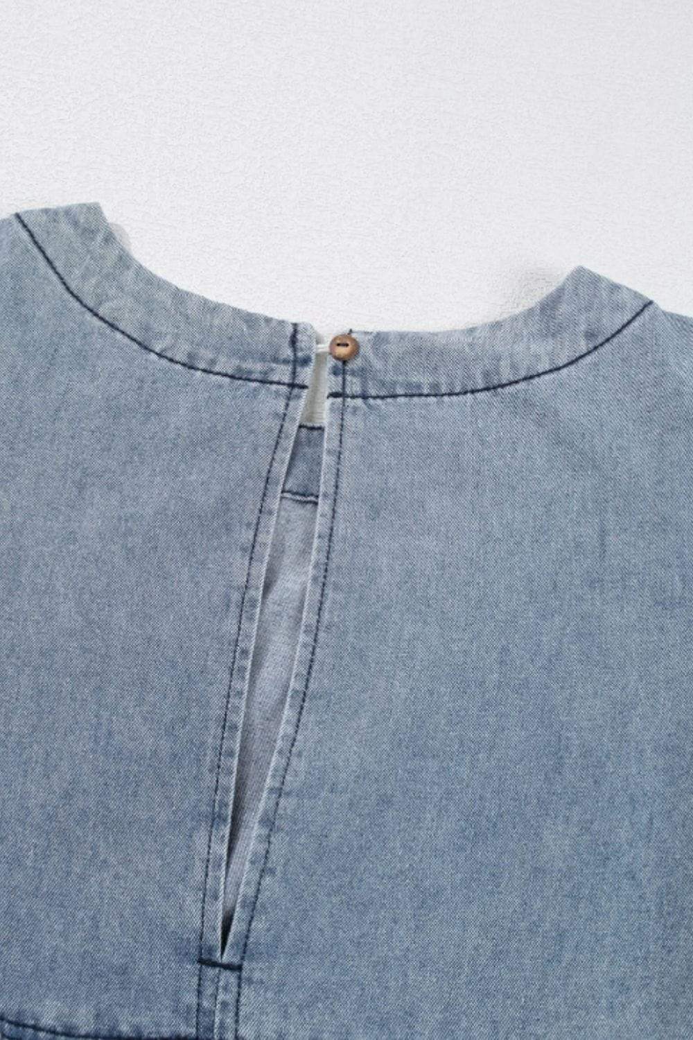 Cutout Round Neck Balloon Sleeve Denim Dress - Trendsi - Flyclothing LLC