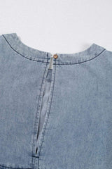 Cutout Round Neck Balloon Sleeve Denim Dress - Trendsi - Flyclothing LLC