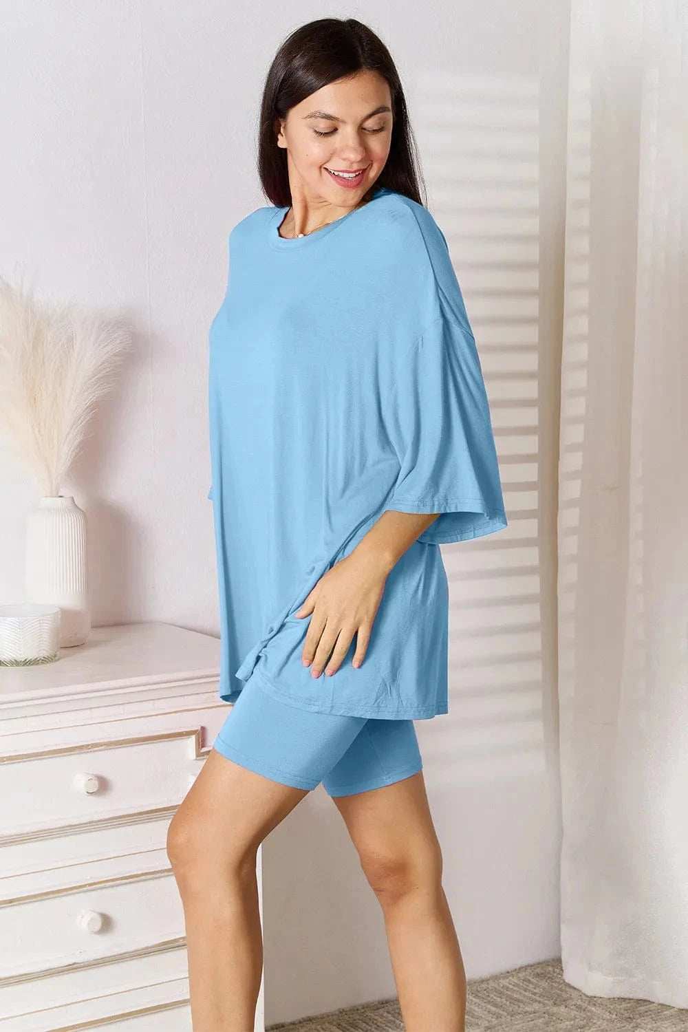 Basic Bae Bamboo Full Size Round Neck Drop Shoulder T-Shirt and Shorts Set - Trendsi - Flyclothing LLC