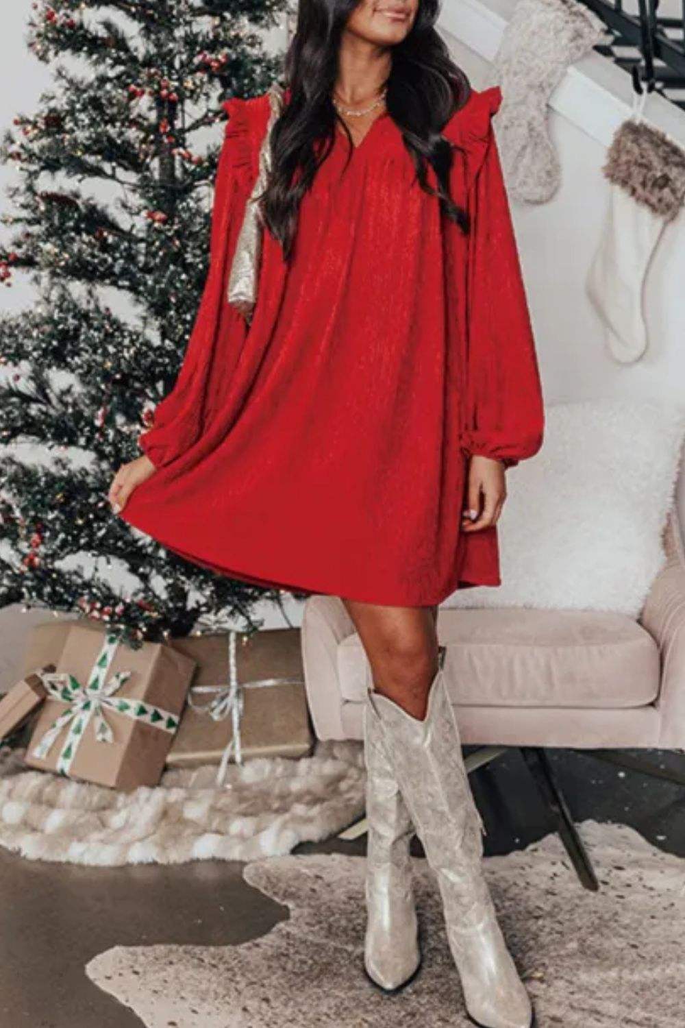 Frill Notched Long Sleeve Dress - Trendsi - Flyclothing LLC