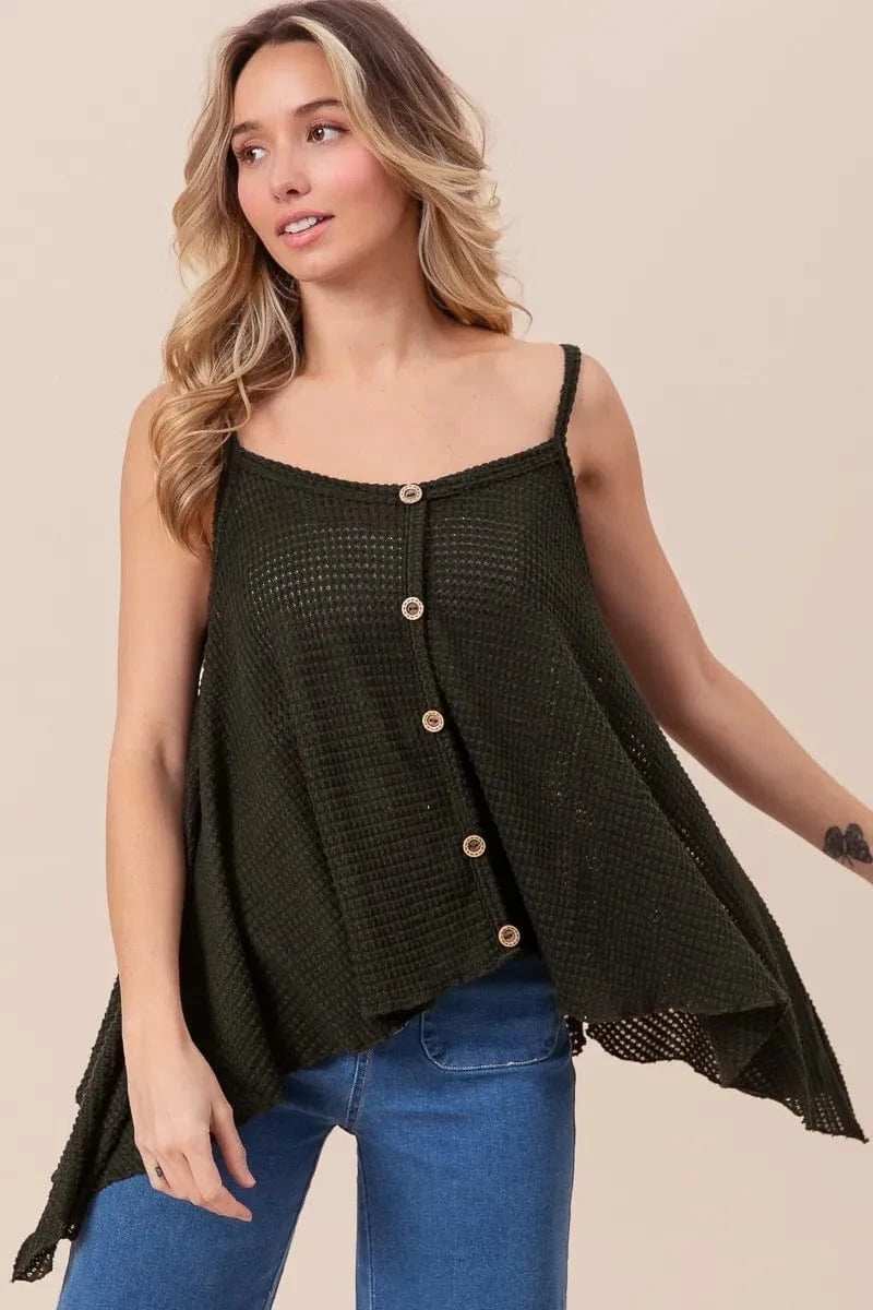 BiBi Popcorn Waffle Knit with Buttoned Front Cami Top - Trendsi - Flyclothing LLC