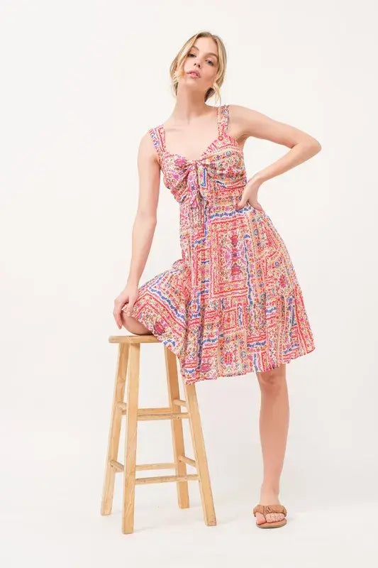 And The Why Tied Front Smocked Back Tiered Boho Printed Dress - Trendsi - Flyclothing LLC
