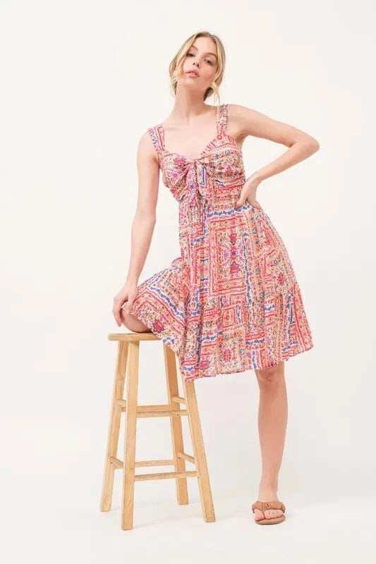 And The Why Tied Front Smocked Back Tiered Boho Printed Dress - Trendsi - Flyclothing LLC
