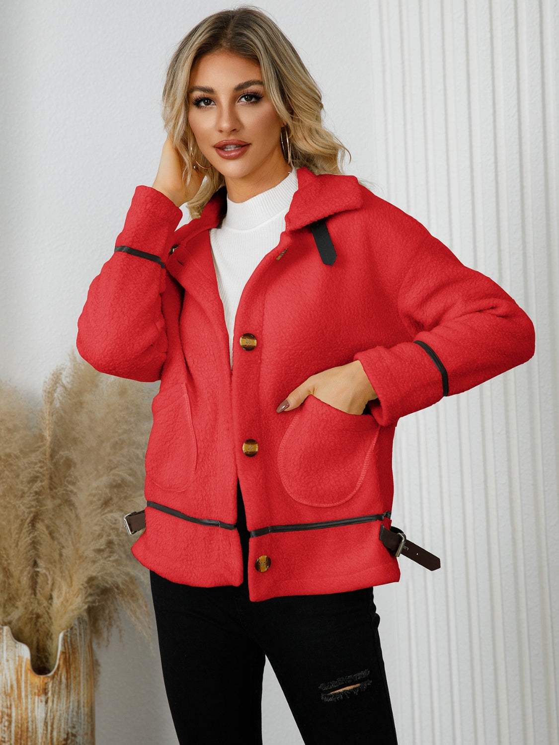 Pocketed Button Down Collared Neck Jacket - Trendsi - Flyclothing LLC