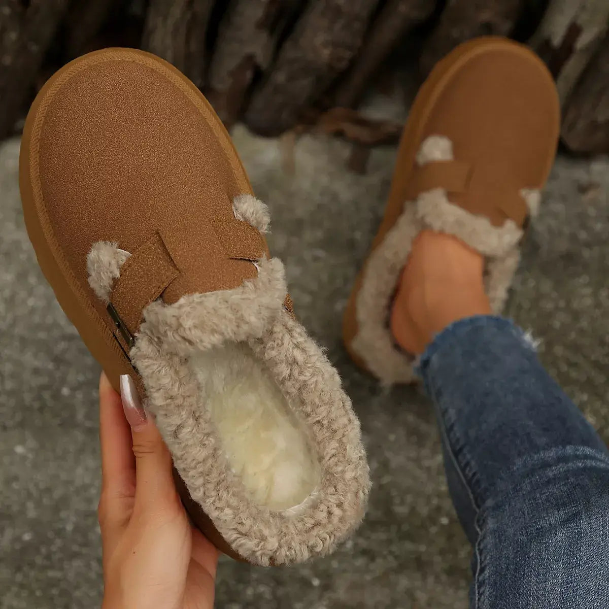 Fuzzy Trim Buckle Platform Slippers - Trendsi - Flyclothing LLC