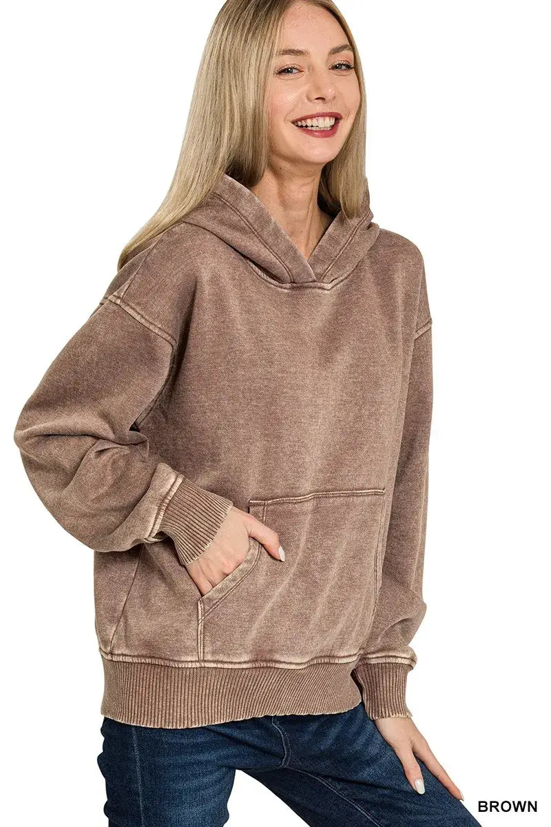 Zenana Fleece Acid Wash Kangaroo Pocket Hoodie - Trendsi - Flyclothing LLC