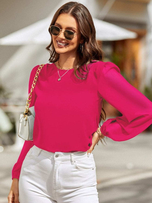 Round Neck Long Sleeve Blouse - Trendsi - Flyclothing LLC