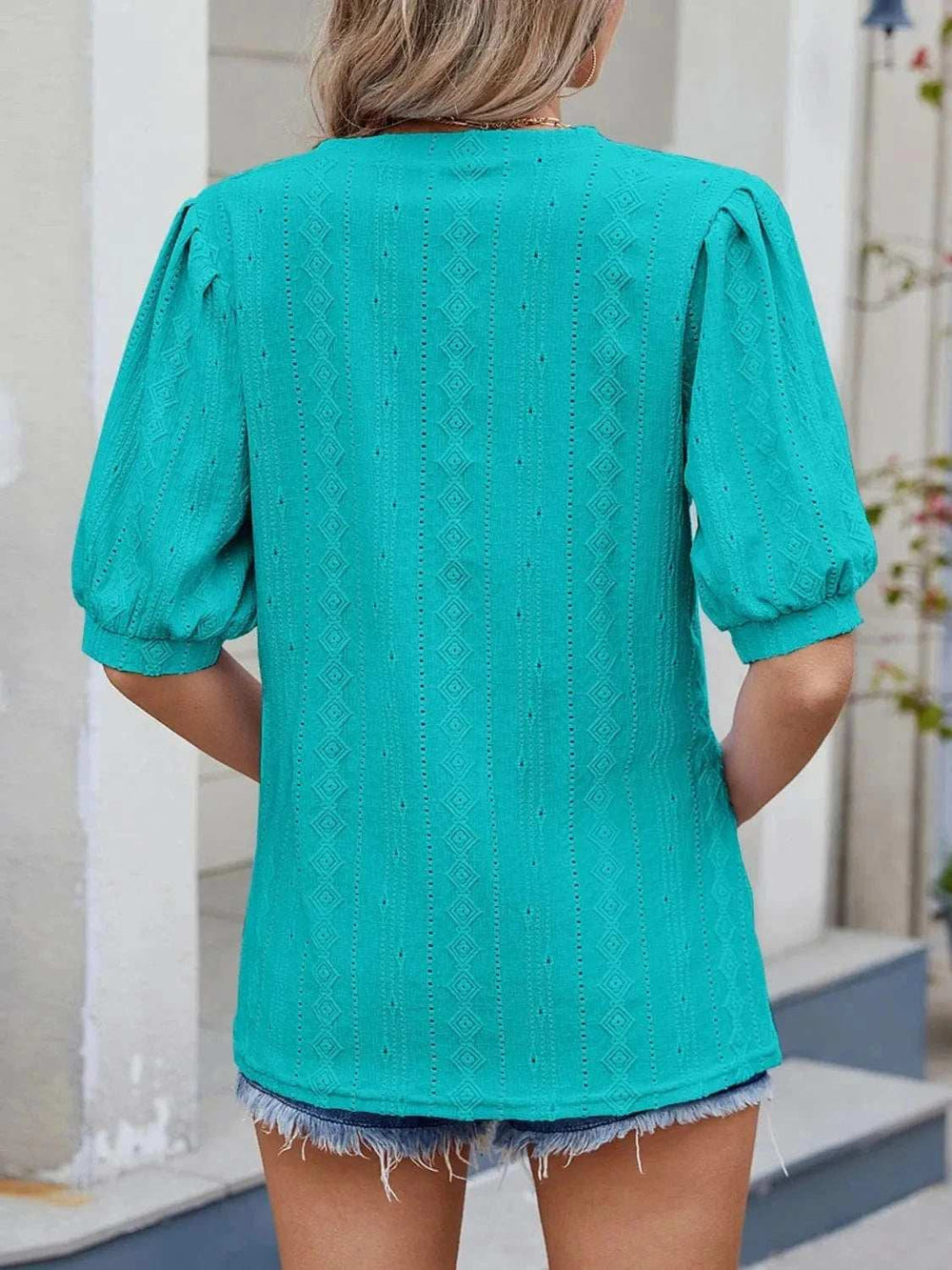 Puff Sleeve V-Neck Eyelet Lace T-Shirt - Trendsi - Flyclothing LLC