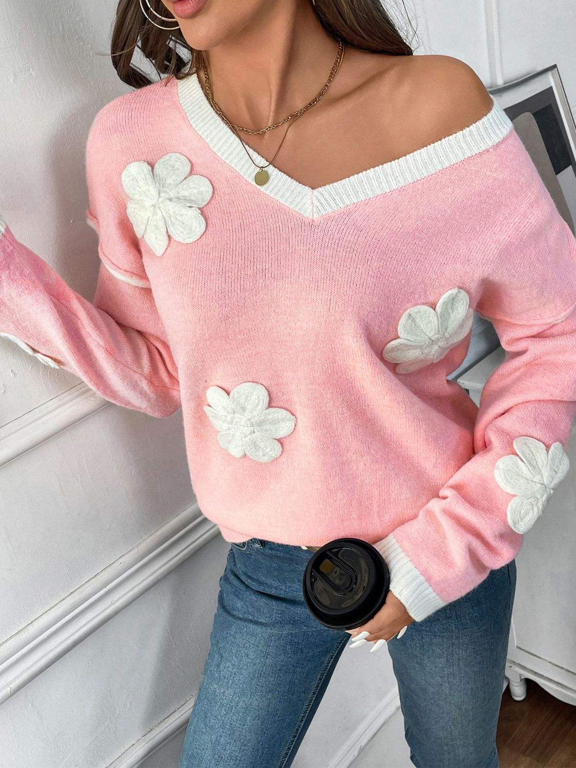 Perfee Flower V-Neck Long Sleeve Sweater - Trendsi - Flyclothing LLC