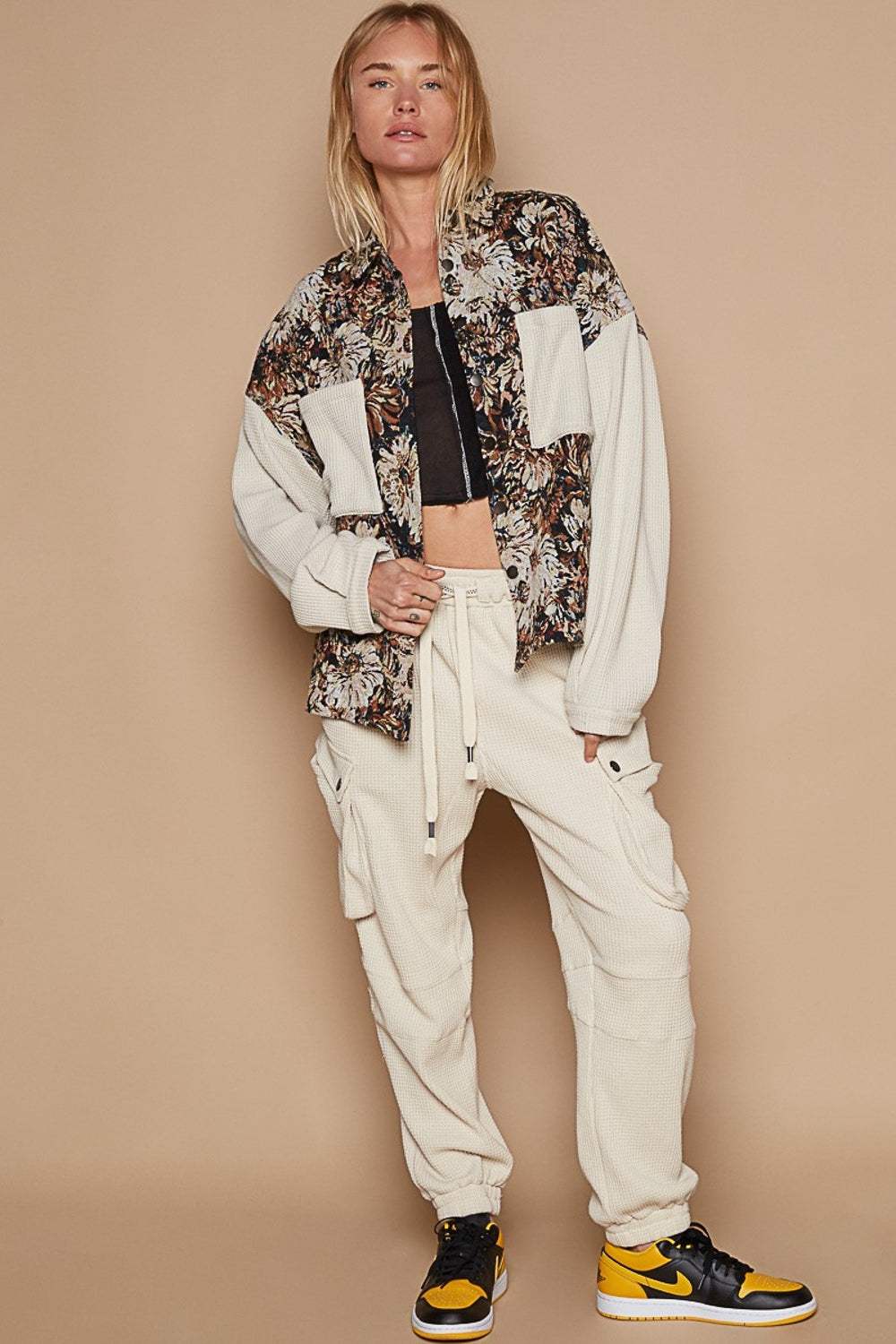 POL Contrast Sleeves Button Down Floral Jacquard Shirt - Trendsi - Flyclothing LLC