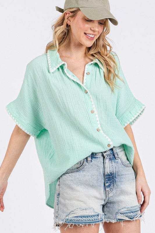 SAGE+FIG Boho Contrast Zigzag Trim Gauze Button-Up Shirt - Trendsi - Flyclothing LLC