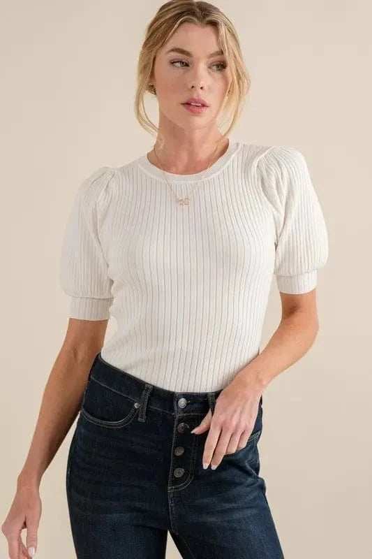 And The Why Puffed Half Sleeve Rib Basic Bodysuit - Trendsi - Flyclothing LLC