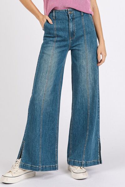 Mittoshop Medium Wash Seam Detail Wide Leg Denim Jeans - Trendsi