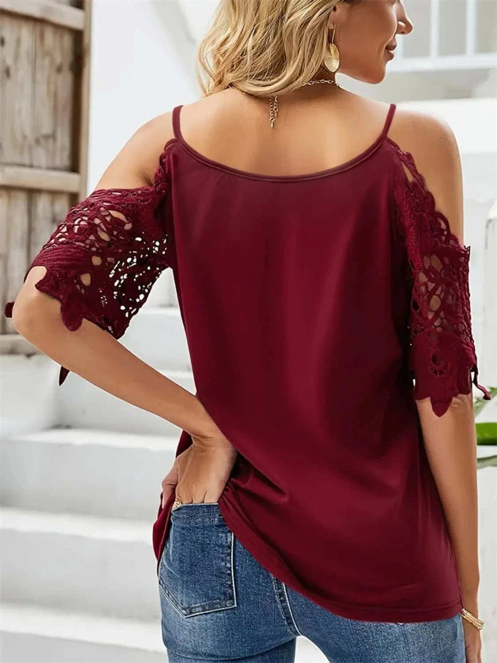 Cold Shoulder Lace Sleeve Blouse - Trendsi - Flyclothing LLC