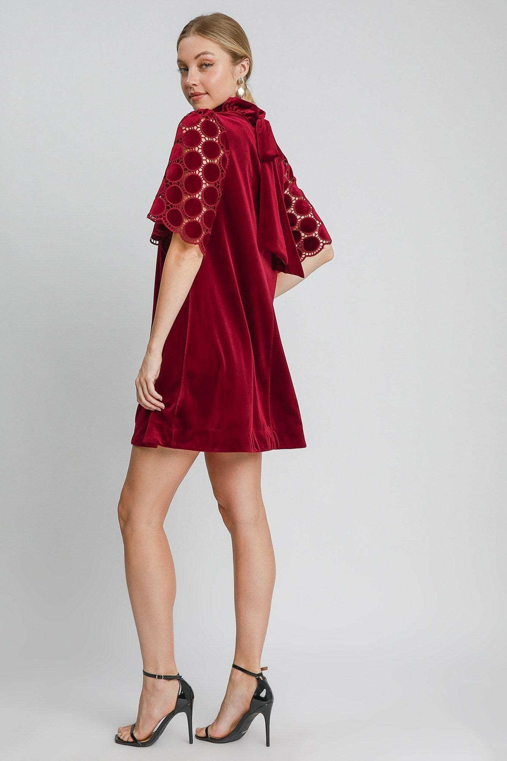 Umgee Dotted Lace Half Sleeve Mock Neck Back Tie Velvet Dress - Trendsi - Flyclothing LLC