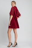 Umgee Dotted Lace Half Sleeve Mock Neck Back Tie Velvet Dress - Trendsi