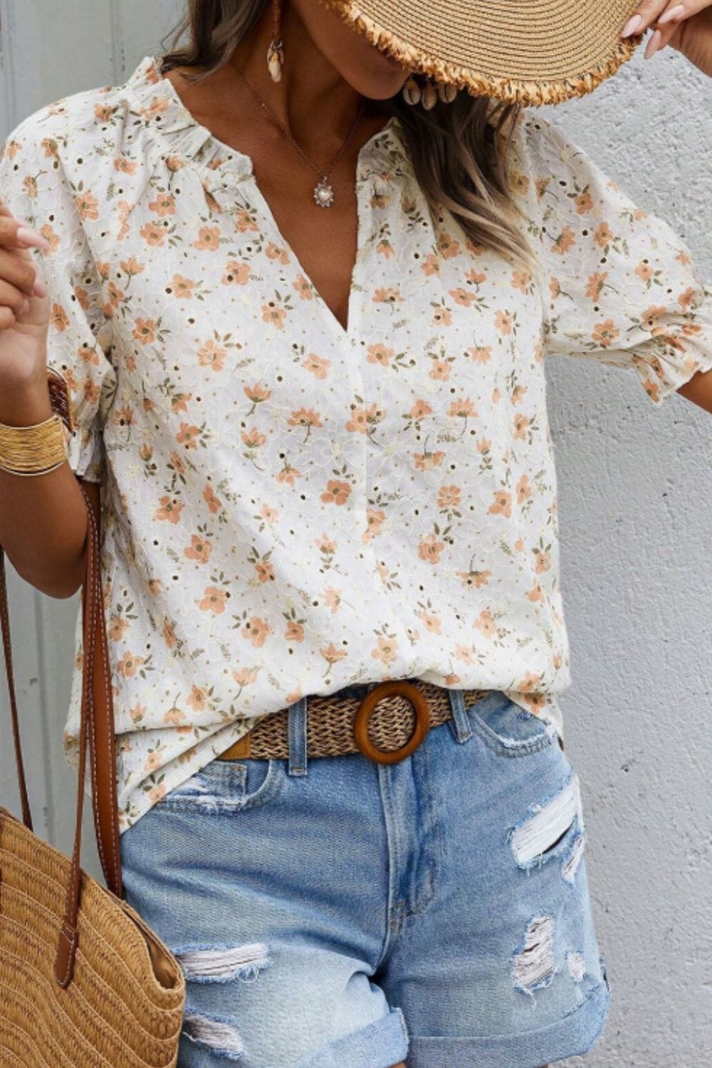 Frill Printed Notched Short Sleeve Blouse - Trendsi