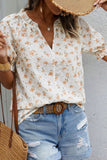 Frill Printed Notched Short Sleeve Blouse - Trendsi