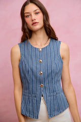 SO ME Stripe Slim Fit Button Front Denim Vest Top - Trendsi - Flyclothing LLC