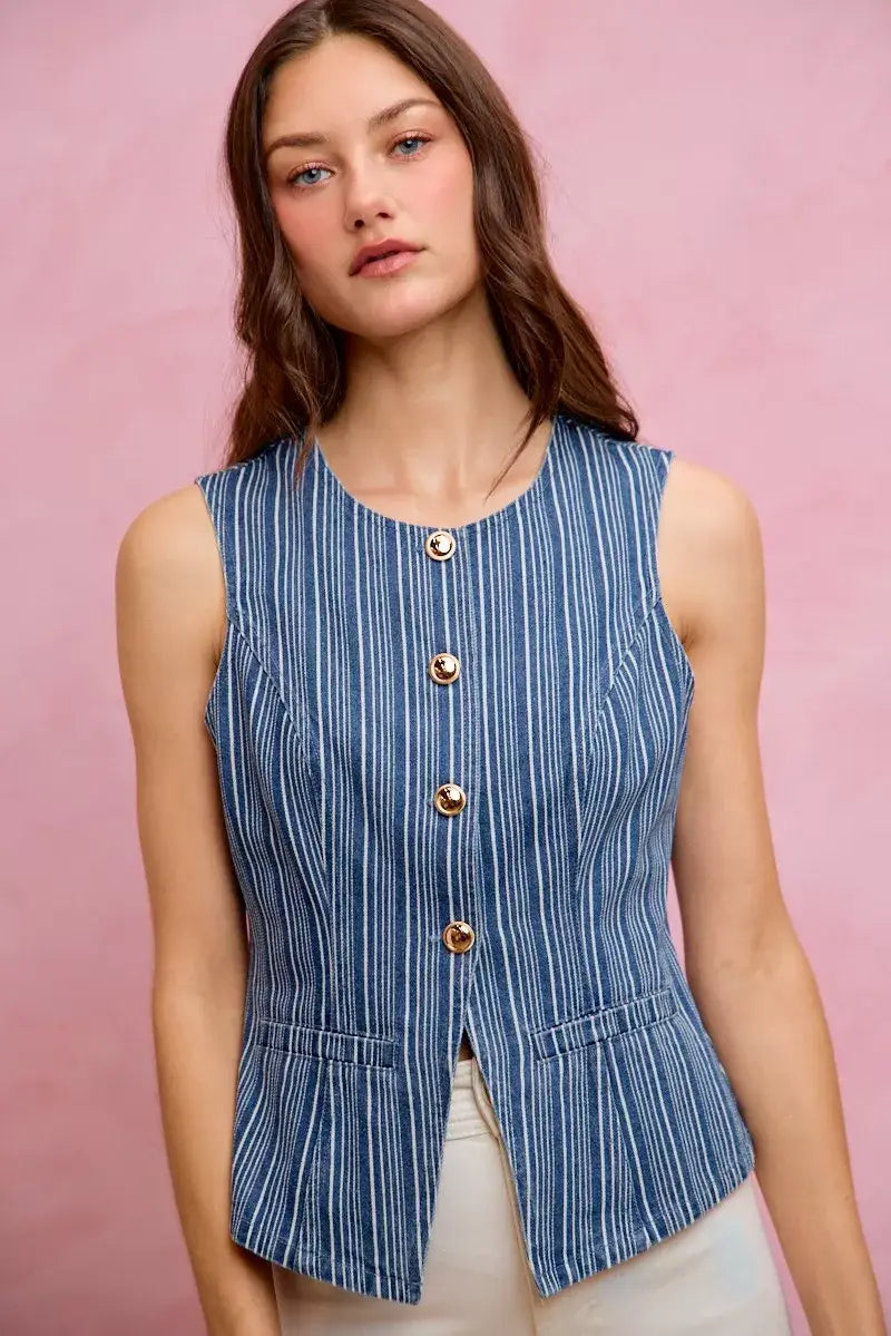 SO ME Stripe Slim Fit Button Front Denim Vest Top - Trendsi - Flyclothing LLC