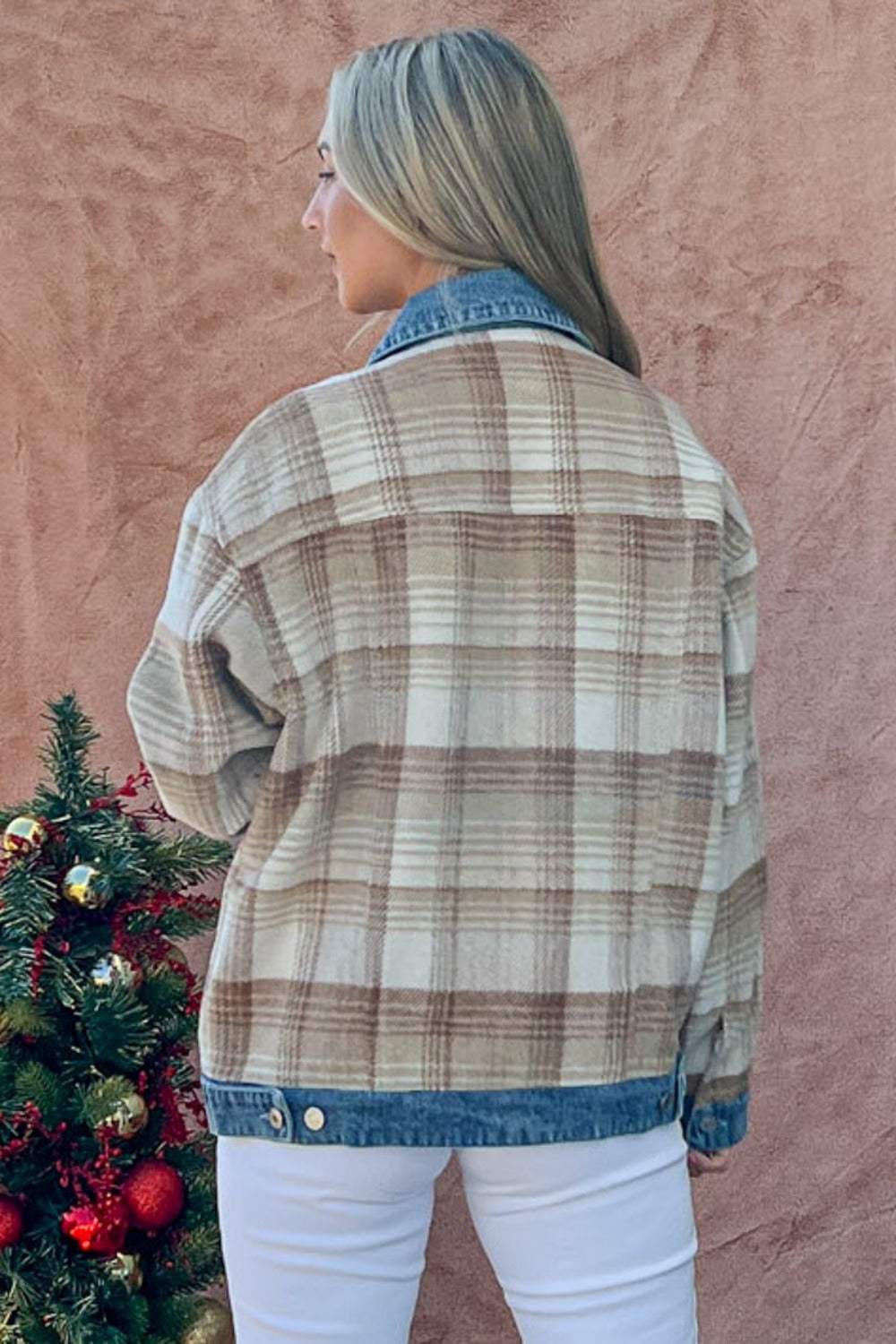 And The Why Full Size Washed Denim Detail Brushed Plaid Jacket - Trendsi - Flyclothing LLC