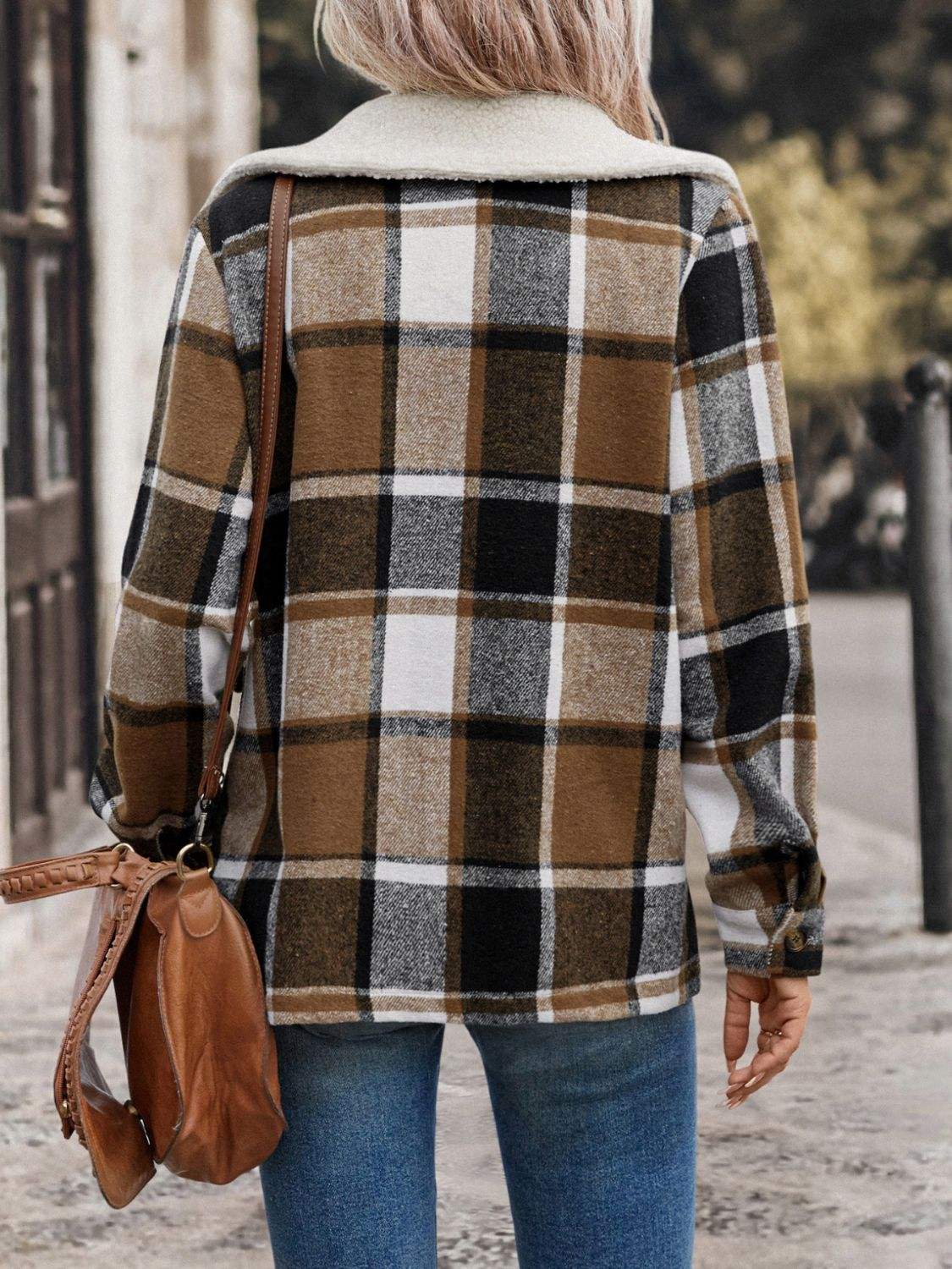 Perfee Pocketed Plaid Button Up Collared Neck Jacket - Trendsi - Flyclothing LLC