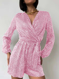 Full Size Sequin Surplice Tie Waist Long Sleeve Romper - Trendsi - Flyclothing LLC