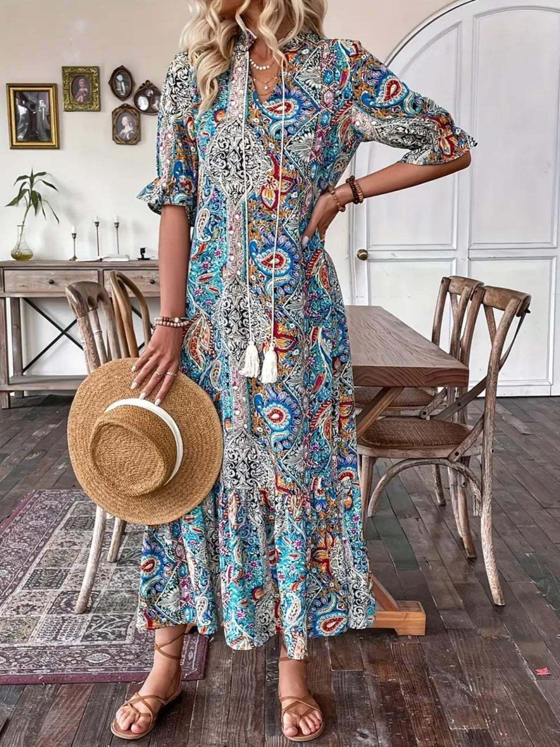 Printed Tie Neck Flounce Sleeve Midi Dress - Trendsi - Flyclothing LLC