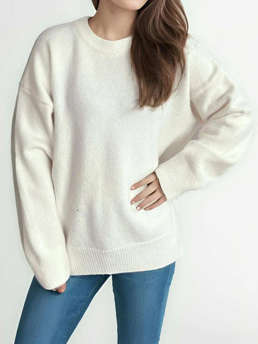 Round Neck Dropped Shoulder Long Sleeve Sweater - Trendsi - Flyclothing LLC